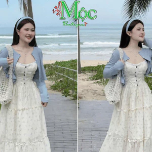 QCDX_Set đồ nữ đi biển, set hạ thu xinh đầm Voan dáng dài nút bọc kèm áo khoác tay dài