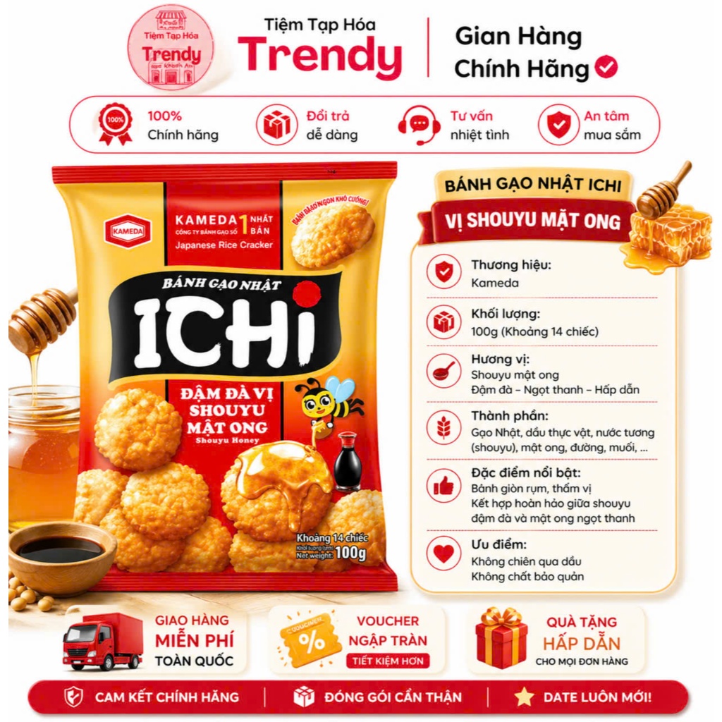 Combo 4 Gói Bánh Gạo Nhật Ichi Vị Mật Ong 100G