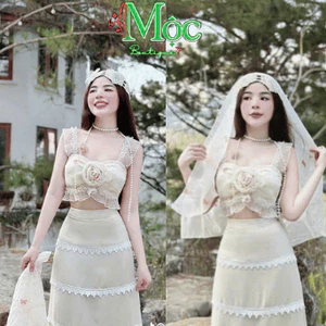mk_Set bộ 3 món, set đi biển áo Voan tơ đính bông mix chân váy Mango phối Ren kèm khăn Voan