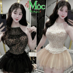 Đầm váy ngắn Ren cổ yếm phối lưới 3 tầng đính dây kim tuyến có mút ngực tôn dáng sexy chuẩn form