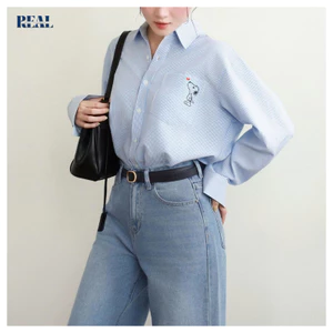 Sơ mi oversized sọc xanh Snoopy form suông rộng REAL CLOTHES, vải cotton xốp thoáng mát, ít nhăn