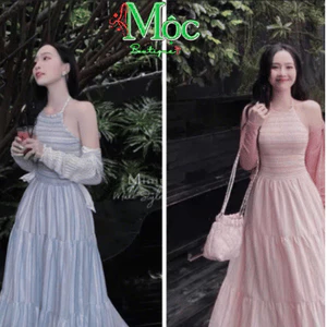 Đầm vấy dài, đầm thiết kế đi biển mặc hè, đầm maxi cổ yếm sọc 2 mà kèm áo khoác tăm