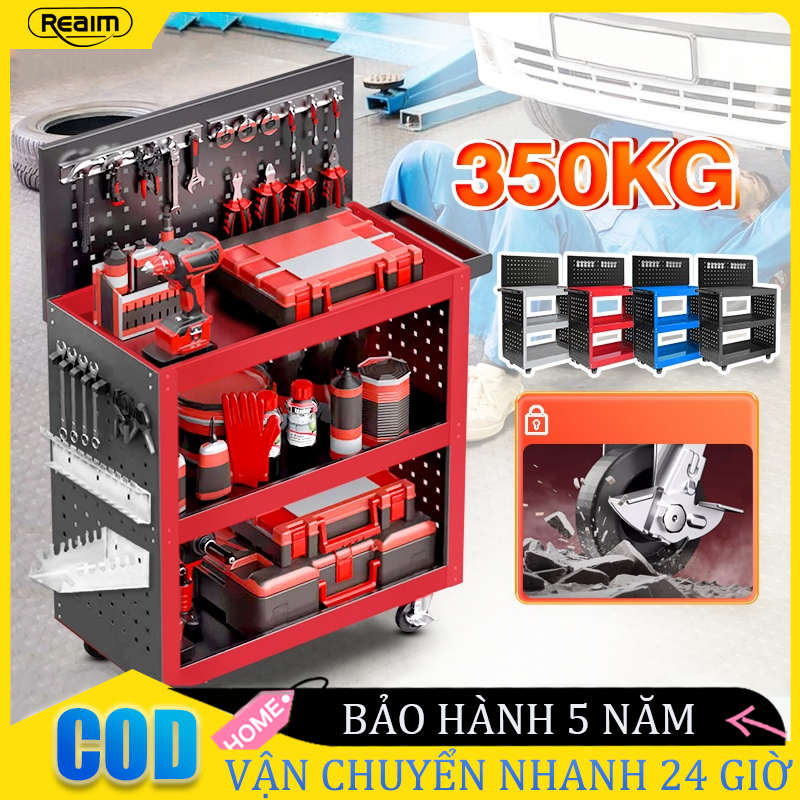 Xe đẩy 3 tầng 4 màu trọng tải 150KG cơ khí nhập khẩu Kệ đựng đồ nghề dụng  có giá treo dụng cụ kèm móc treo