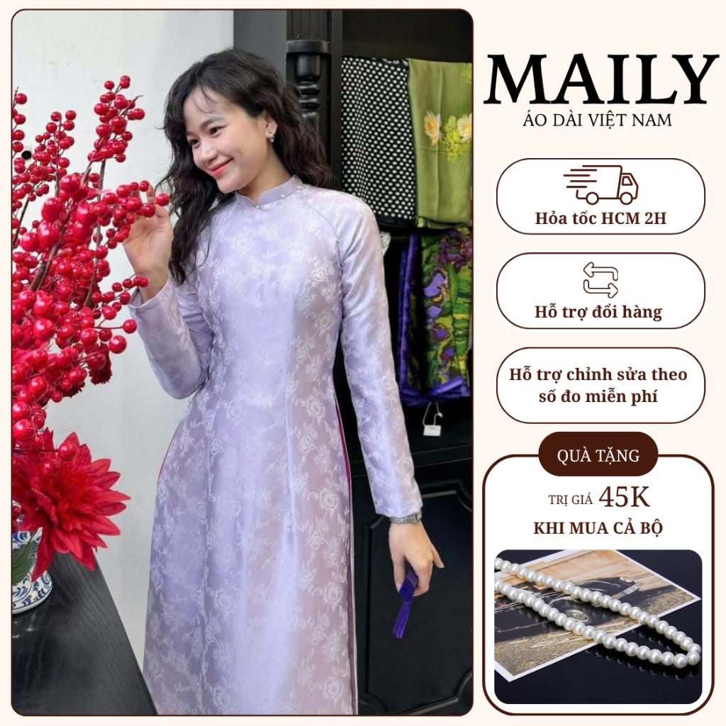 Áo Dài Mộc Cẩm Dáng Truyền Thống, Chất Gấm Mềm Mại Thiết Kế 2 Tà Cổ Cao Tay Dài Sang Trọng - ÁO DÀI MAILY