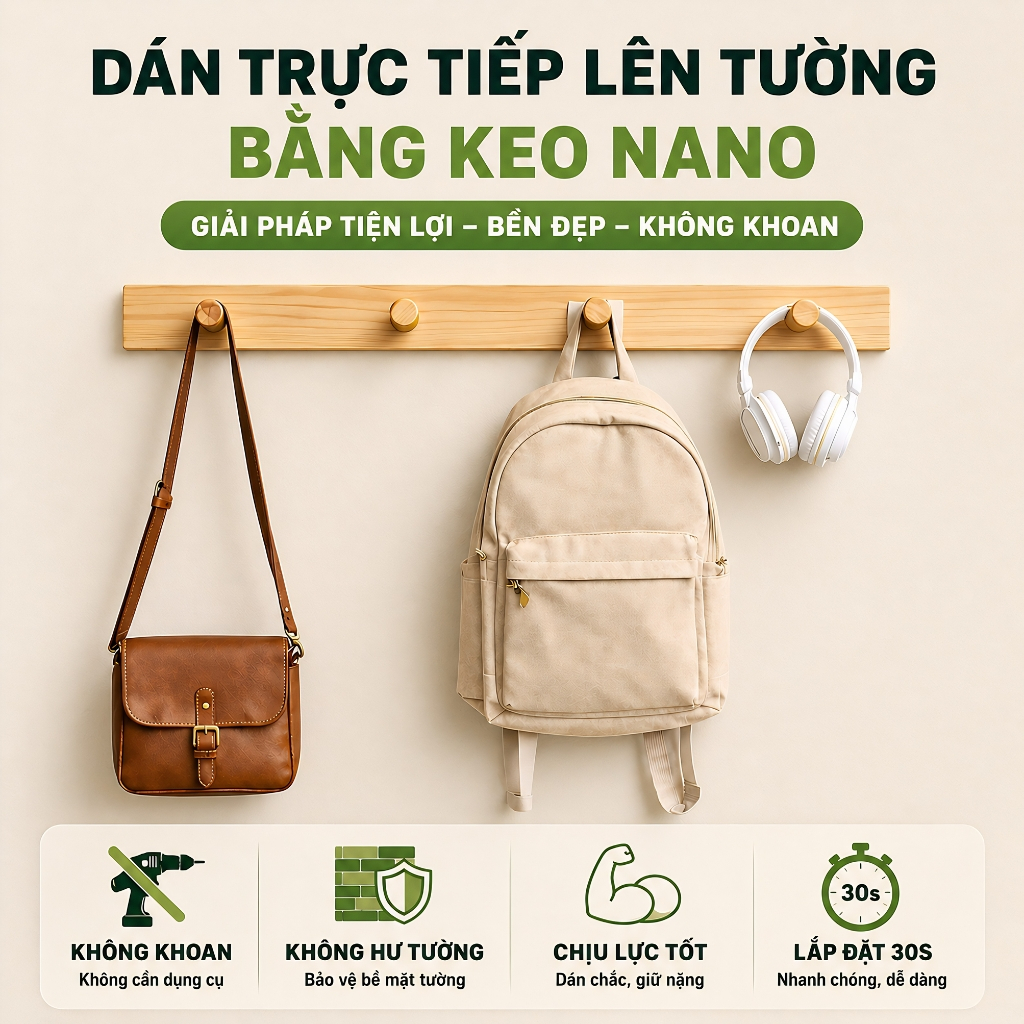 Móc Gỗ Dán Tường Keo 2 Mặt Nano Không Khoan Đục Vòm Decor – Treo Quần Áo, Túi Xách, Mũ Nón, Phụ Kiện – Gỗ Thông Tự Nhiên