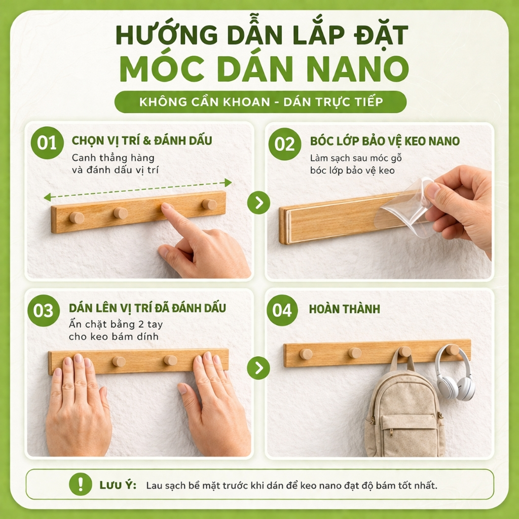 Móc Gỗ Dán Tường Keo 2 Mặt Nano Không Khoan Đục Vòm Decor – Treo Quần Áo, Túi Xách, Mũ Nón, Phụ Kiện – Gỗ Thông Tự Nhiên