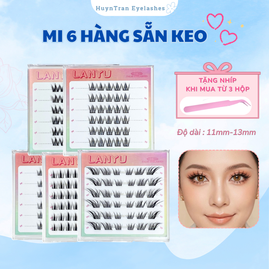 Lông mi giả có sẵn keo 6 HÀNG không kích ứng tái sử nhiều lần trang điểm tặng nhíp khi mua 3 hộp