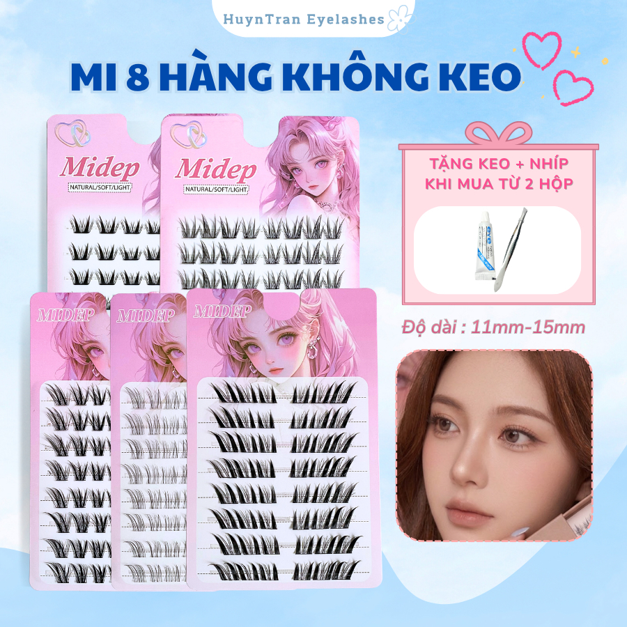 Mi giả không keo hàng mi cụm tự nhiên tặng set keo nhíp mi không keo
