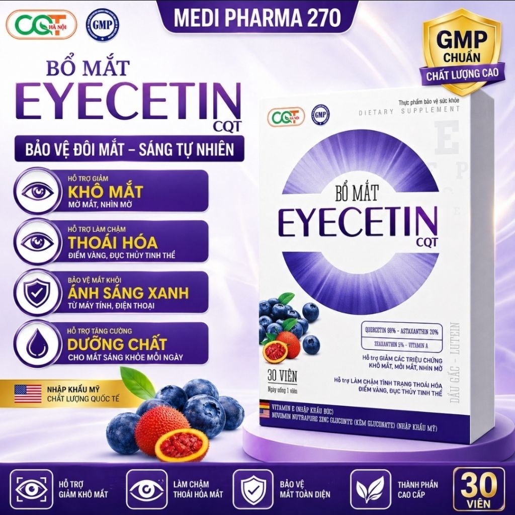 Viên uống bổ mắt hỗ trợ cải thiện tăng cường thị lực khô mắt mỏi mắt nhìn mờ EYECETIN Hộp 30 Viên