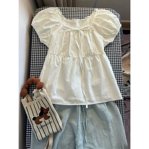 Áo Kiểu Nữ Màu Trắng Cổ Vuông Phối Ren Dây Thắt Nơ Áo Croptop Tay Bồng Bo Chun Eo Phong Cách Tiểu Thư Hàn Quốc