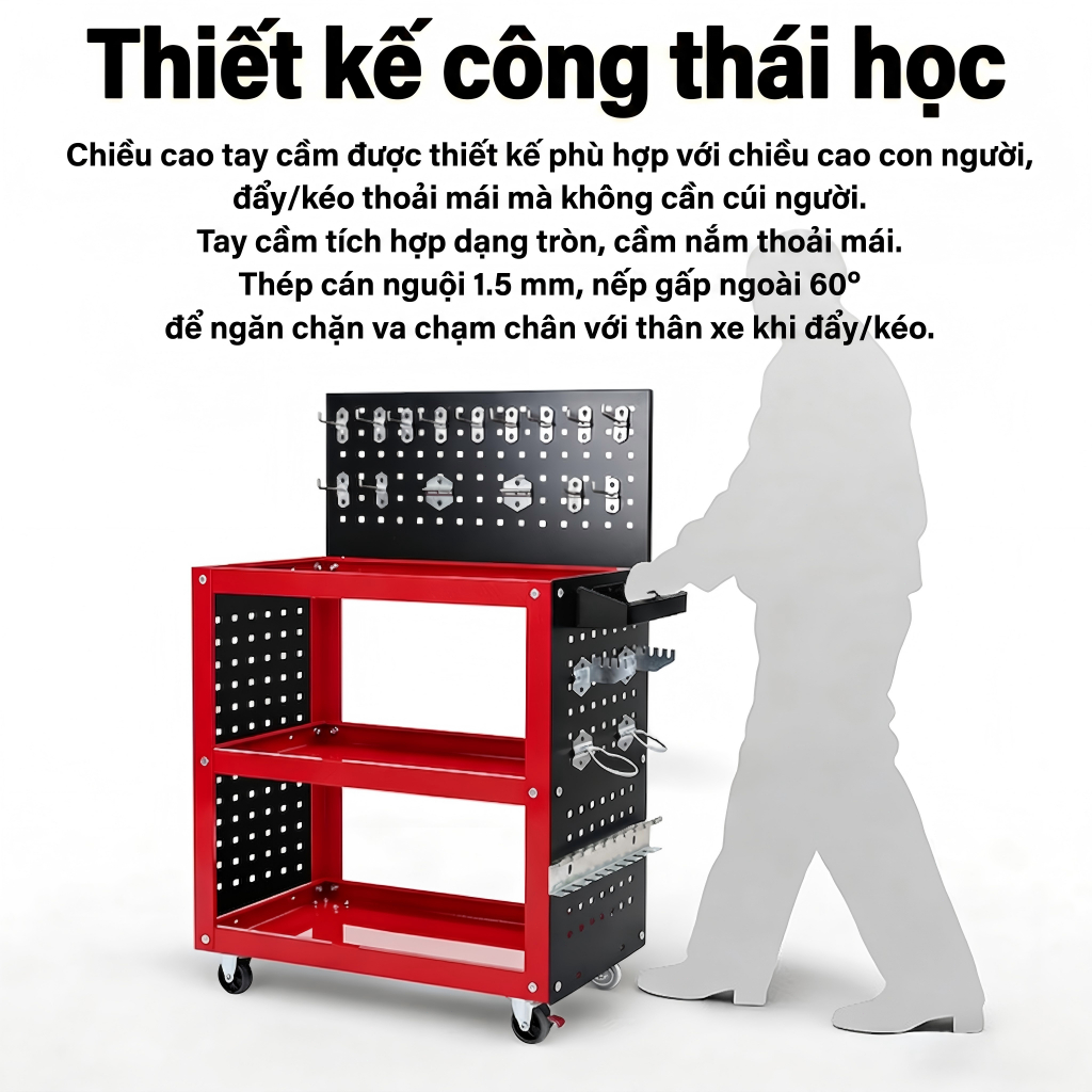 Xe đẩy 3 tầng 4 màu trọng tải 150KG cơ khí nhập khẩu Kệ đựng đồ nghề dụng  có giá treo dụng cụ kèm móc treo