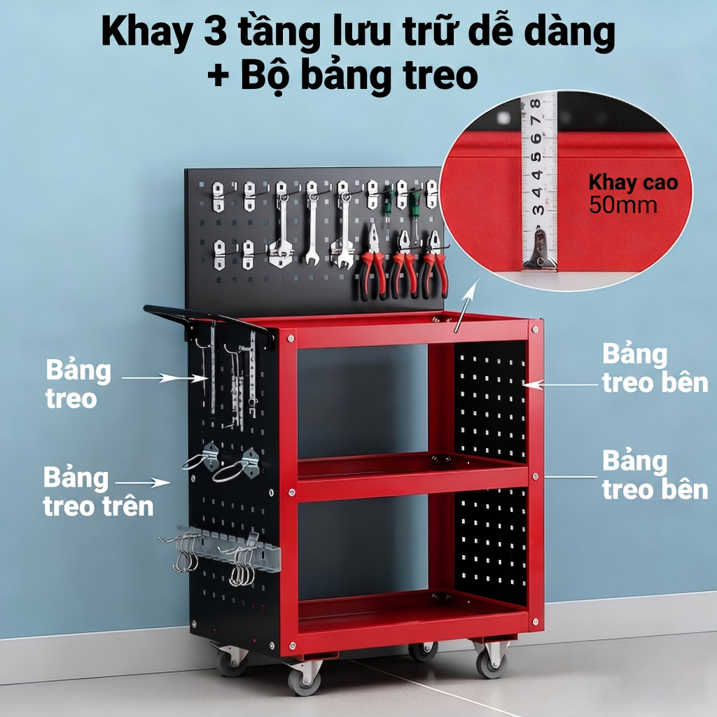 Xe đẩy 3 tầng 4 màu trọng tải 150KG cơ khí nhập khẩu Kệ đựng đồ nghề dụng  có giá treo dụng cụ kèm móc treo