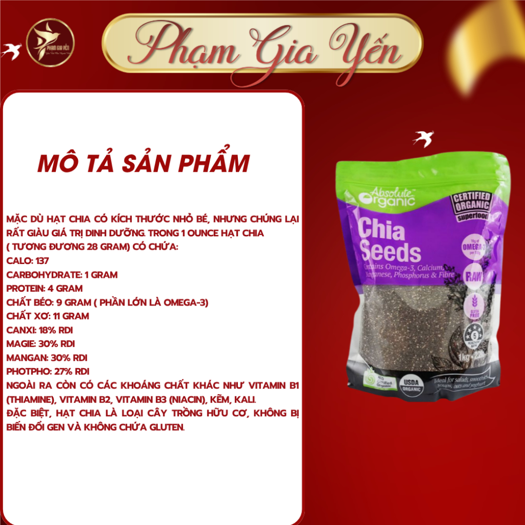 Hạt Chia Organic Nhập Khẩu Úc - hữu cơ, độ tinh khiết cao, tác dụng giảm cân, bổ sung omega-3 - Yến Sào Phạm Gia