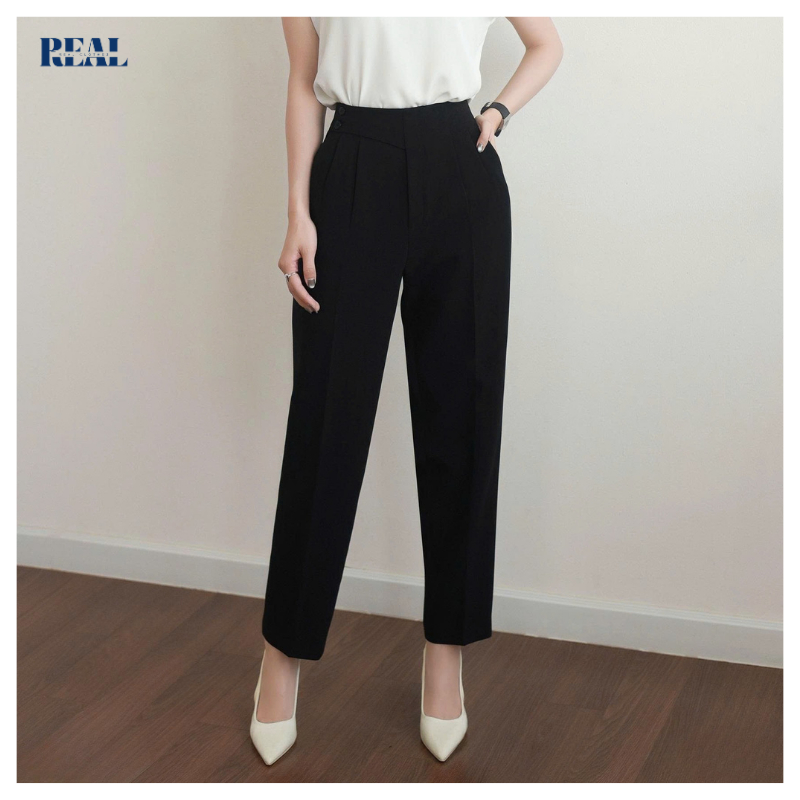 Quần baggy lưng cao che bụng Tokyo nút REAL CLOTHES (tổng hợp màu), vải cotton lạnh co giãn, ít nhăn