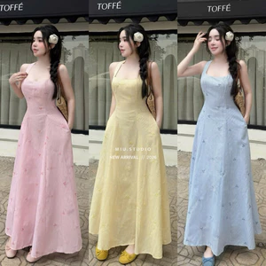 Đầm maxi 2S cổ vuông hoạ tiết thêu nơ cao cấp ,Váy kẻ sọc dáng dài chiết eo tôn dáng mặc đi chơi đi biển nhẹ nhàng