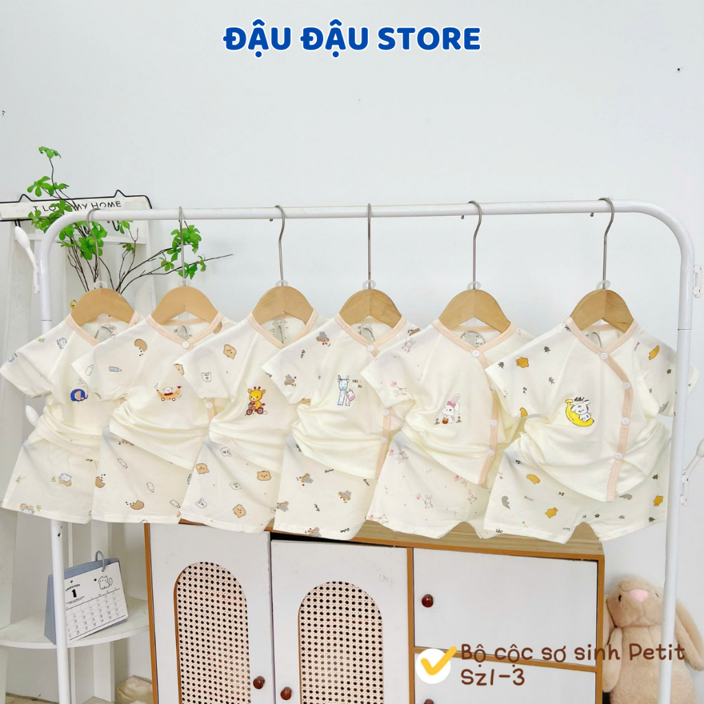 Set 3-5 bộ cộc tay sơ sinh thun petit phối giáp lăng mềm mịn cho bé sơ sinh 3-9 kg CG07 Đậu Đậu Store
