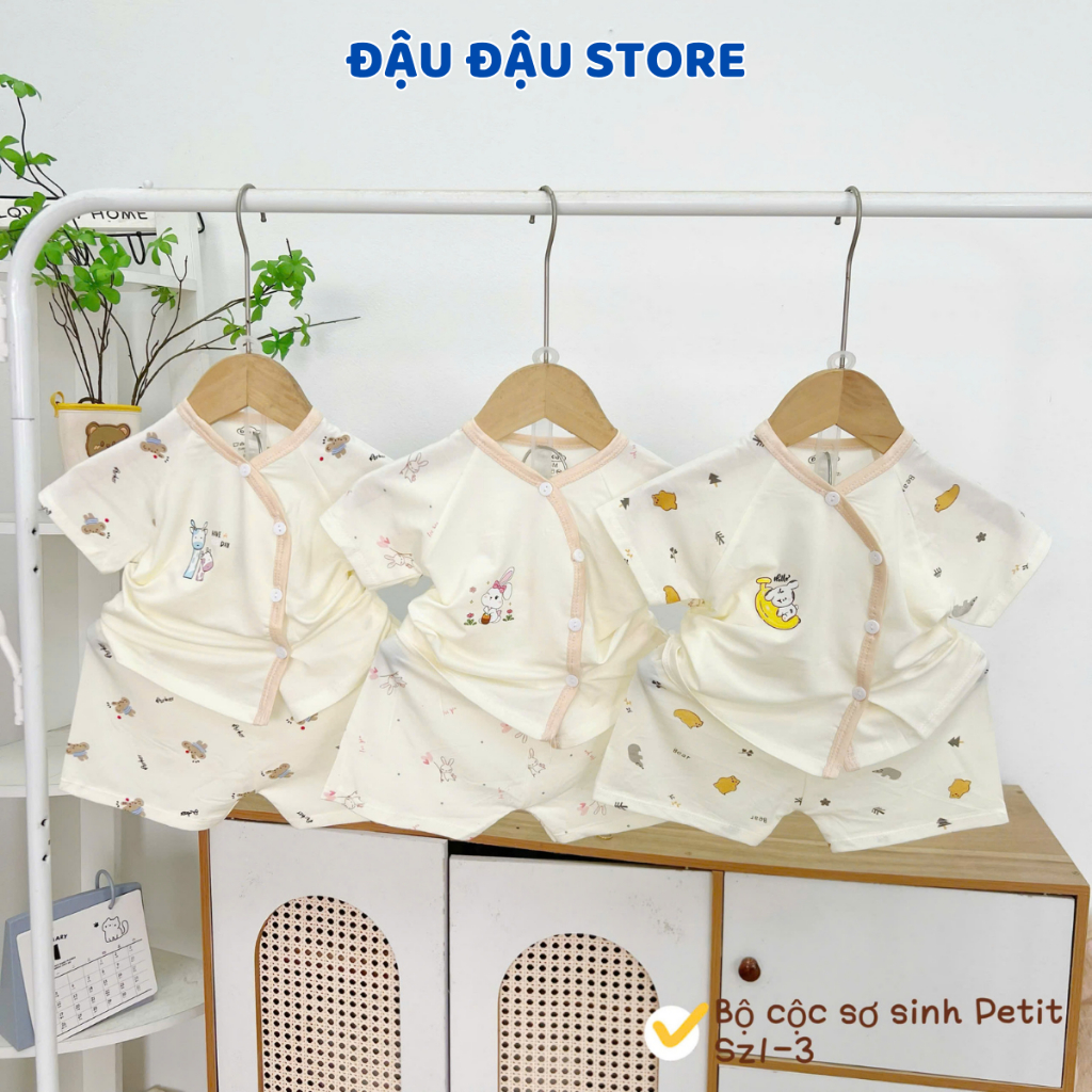 Set 3-5 bộ cộc tay sơ sinh thun petit phối giáp lăng mềm mịn cho bé sơ sinh 3-9 kg CG07 Đậu Đậu Store