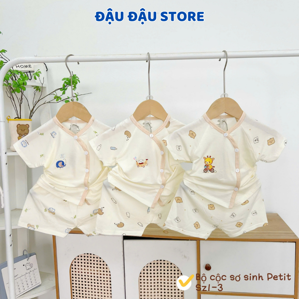 Set 3-5 bộ cộc tay sơ sinh thun petit phối giáp lăng mềm mịn cho bé sơ sinh 3-9 kg CG07 Đậu Đậu Store