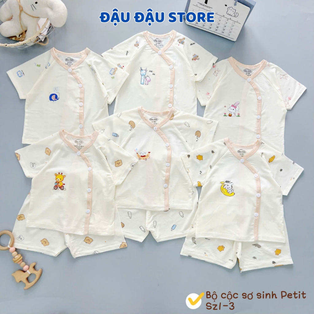 Set 3-5 bộ cộc tay sơ sinh thun petit phối giáp lăng mềm mịn cho bé sơ sinh 3-9 kg CG07 Đậu Đậu Store