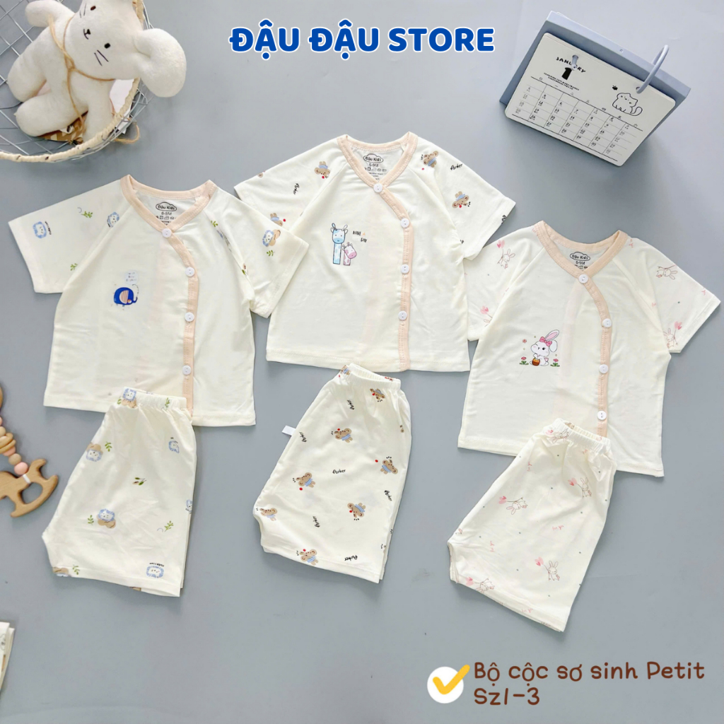 Set 3-5 bộ cộc tay sơ sinh thun petit phối giáp lăng mềm mịn cho bé sơ sinh 3-9 kg CG07 Đậu Đậu Store