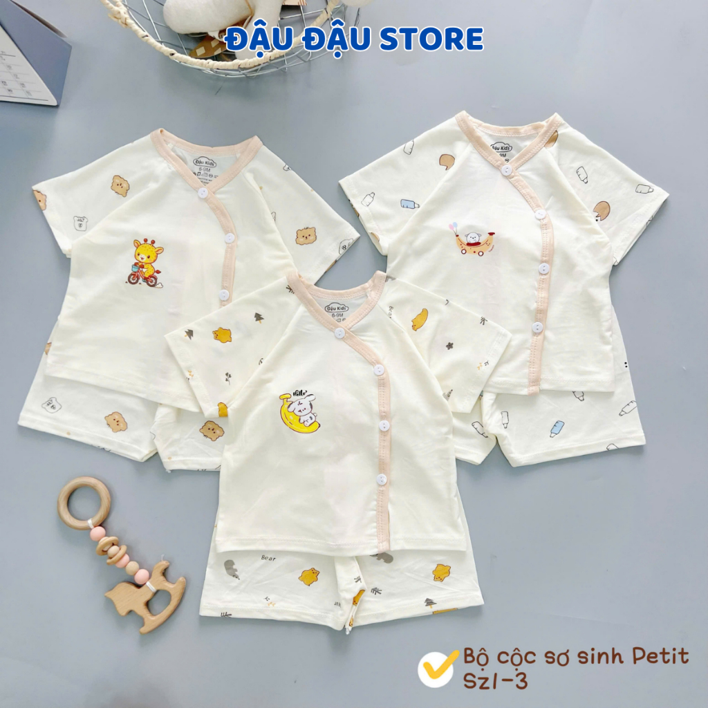 Set 3-5 bộ cộc tay sơ sinh thun petit phối giáp lăng mềm mịn cho bé sơ sinh 3-9 kg CG07 Đậu Đậu Store