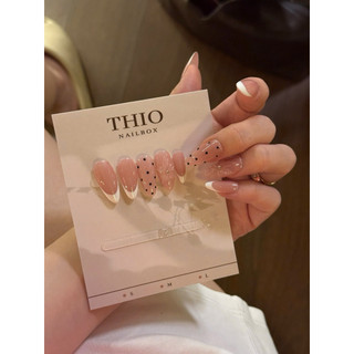 Nailbox móng tay giả thiết kế sang trọng tối giản đi biển du lịch nude hồng french đầu móng chấm bi đen hoa gel nổi A06