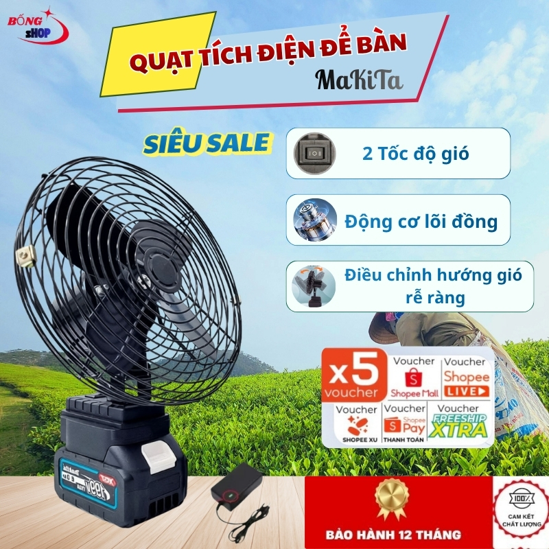 Quạt Pin Tích Điện Để Bàn MAKITA, Quạt Tích Điện Lồng Sắt Kích Thước 8 Inch, 2 Chế Độ Gió Làm Mát Cực Nhanh, Bền Bỉ