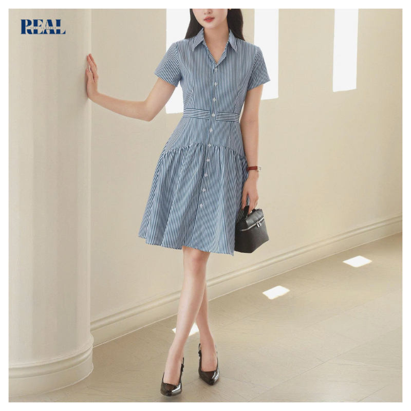 Đầm cổ sơ mi Spring sọc xanh Real Clothes, vải Kate thoáng mát, ít nhăn