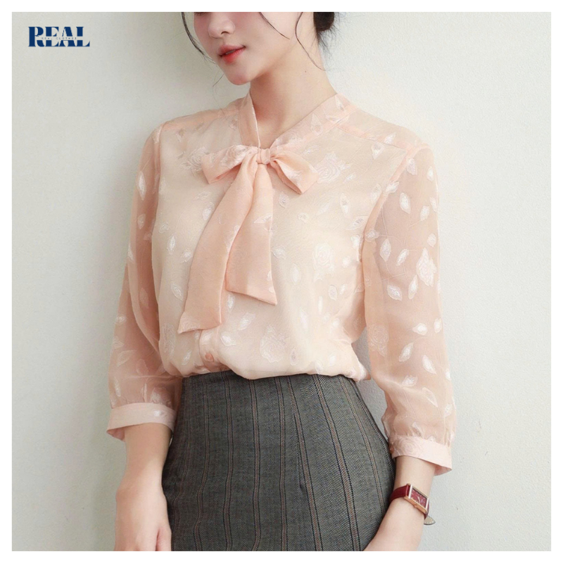 Áo kiểu cột nơ tay lỡ dáng suông Chuchu REAL CLOTHES, vải chiffon mát, không nhăn (tổng hợp màu)