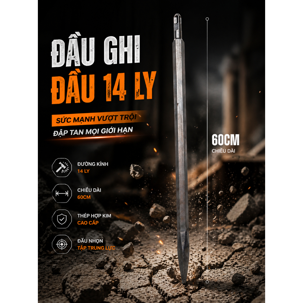 MŨI ĐỤC BÊ TÔNG NHỌN 14 VÀ 17 LY DÀI 60CM CHUYÊN MÁY ĐỤC 1 CHỨC NĂNG, ĐỤC NHANH
