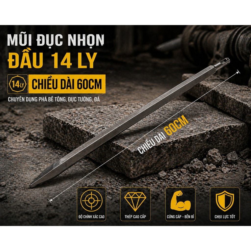 MŨI ĐỤC BÊ TÔNG NHỌN 14 VÀ 17 LY DÀI 60CM CHUYÊN MÁY ĐỤC 1 CHỨC NĂNG, ĐỤC NHANH