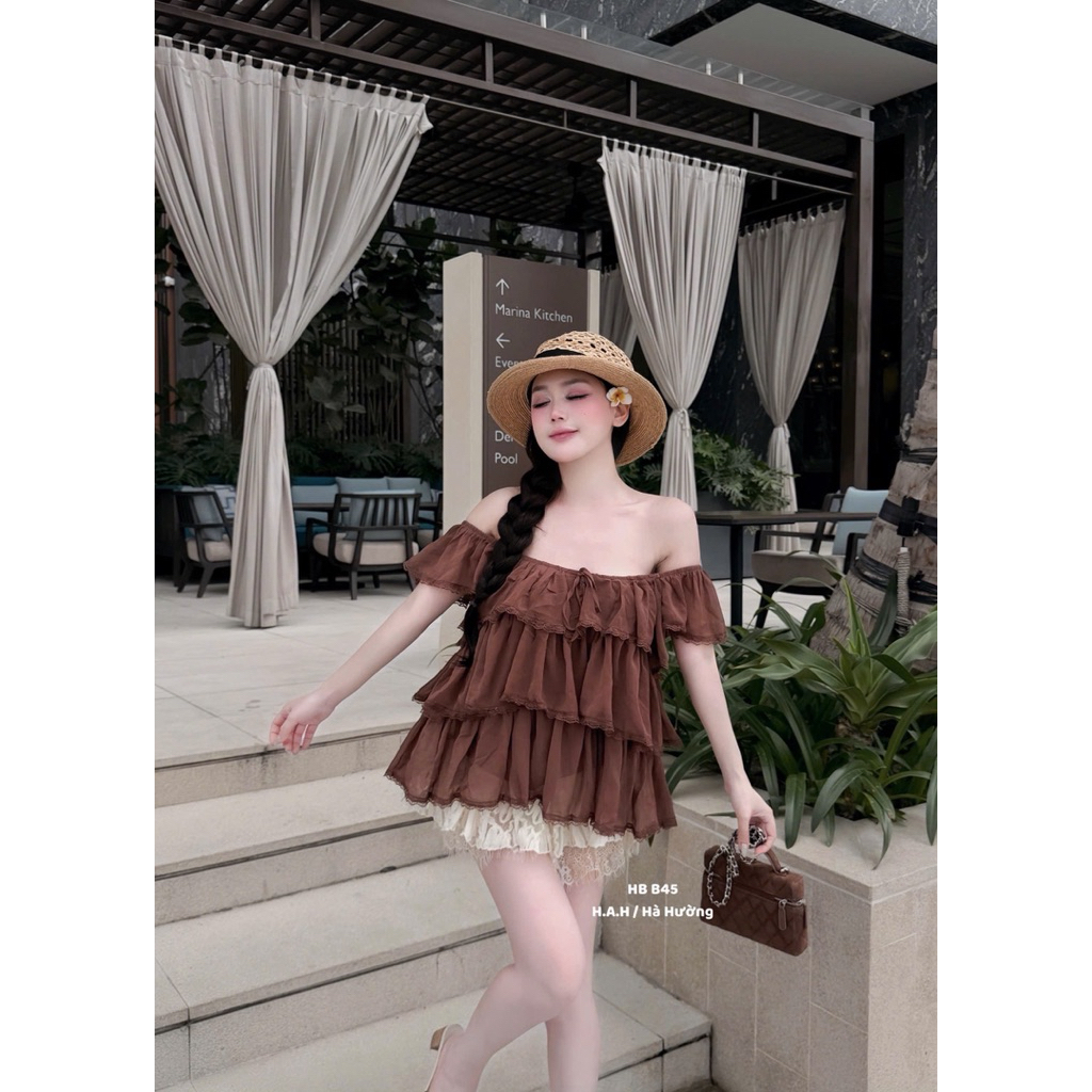 Áo tơ tầng phối viền ren bánh bèo tiểu thư