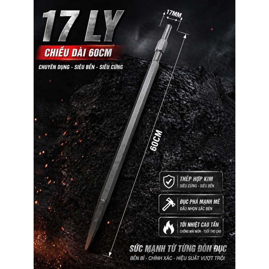 MŨI ĐỤC BÊ TÔNG Φ17 LY & 16 LY DÀI 60CM  DÙNG CHO MÁY 1 CHỨC NĂNG, ĐỤC KHỎE