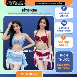 Bikini Nữ Đi Biển 2 Mảnh Kèm Chân Váy Ren Siêu Xinh – Set Đồ Tắm 2 Chi Tiết 3 Màu Hot Trend – Size S M L (40-70kg)