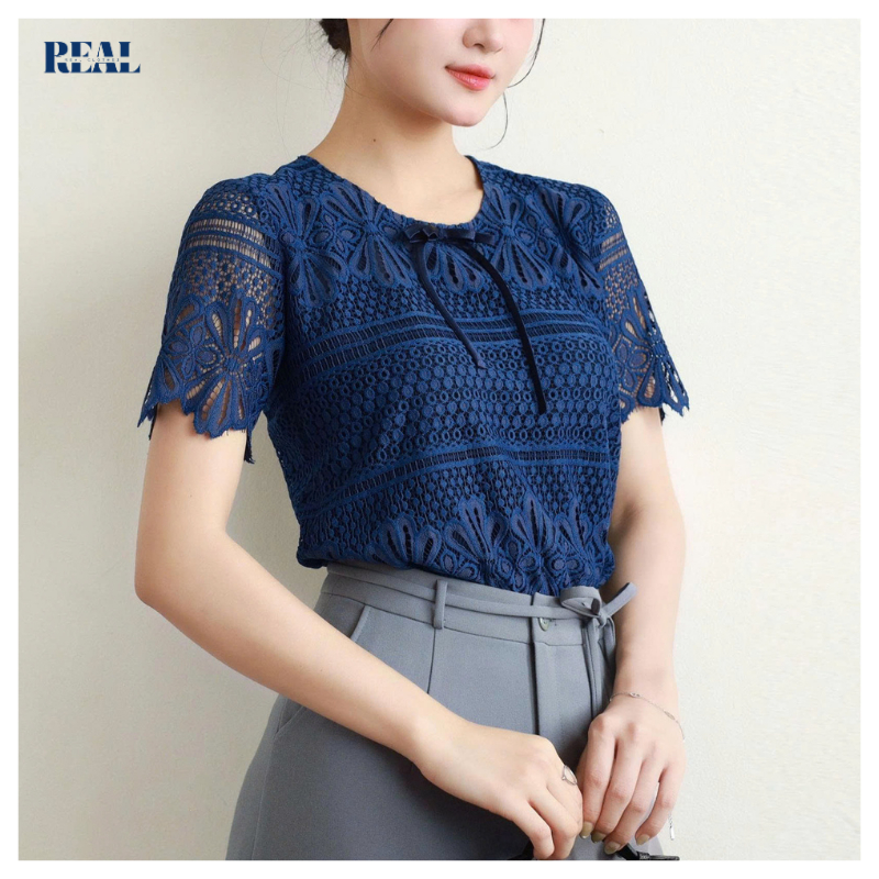 Áo ren nơ cổ tròn tay ngắn REAL CLOTHES (tổng hợp màu), vải ren không nhăn, dễ ủi