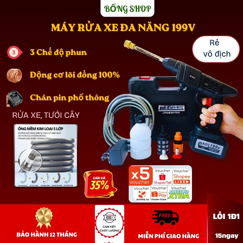 Máy Rửa Xe Hitachi 2 Pin 199V, Máy Xịt Rửa Xe Cầm Tay Động Cơ Lõi Đồng Công Suất Lớn Dùng Cho Ô Tô, Xe Máy, Sân Vườn Tốt