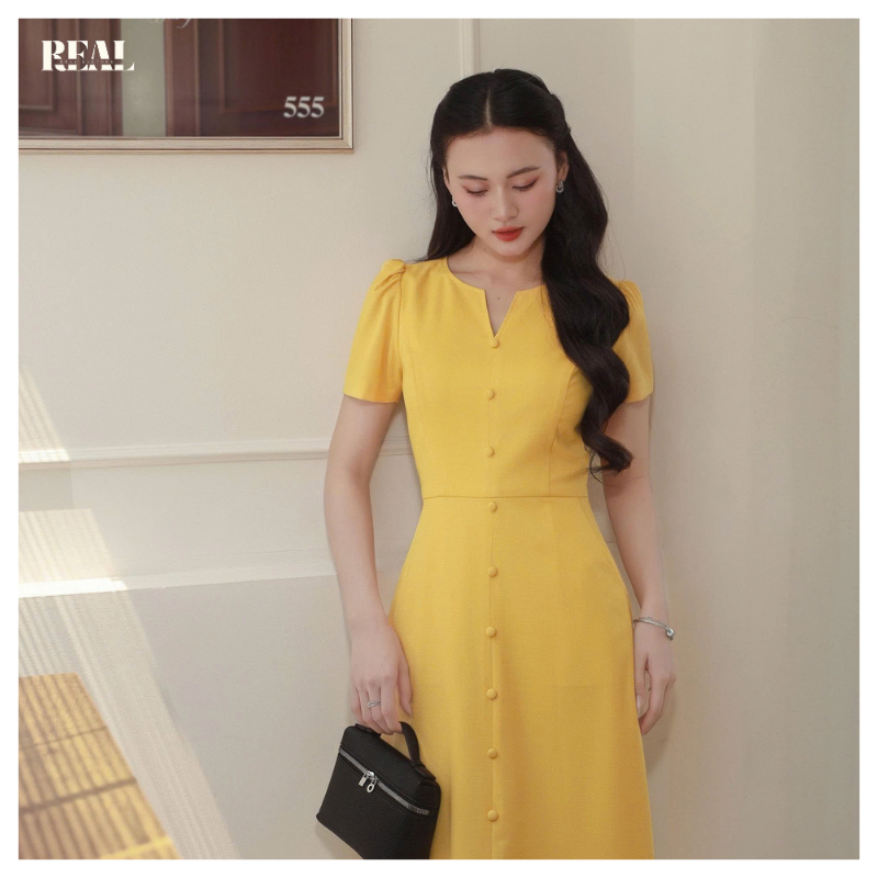 Đầm công sở tay ngắn cúp ngực linen London REAL CLOTHES (tổng hợp màu), CÓ TÚI, có lót, ít nhăn
