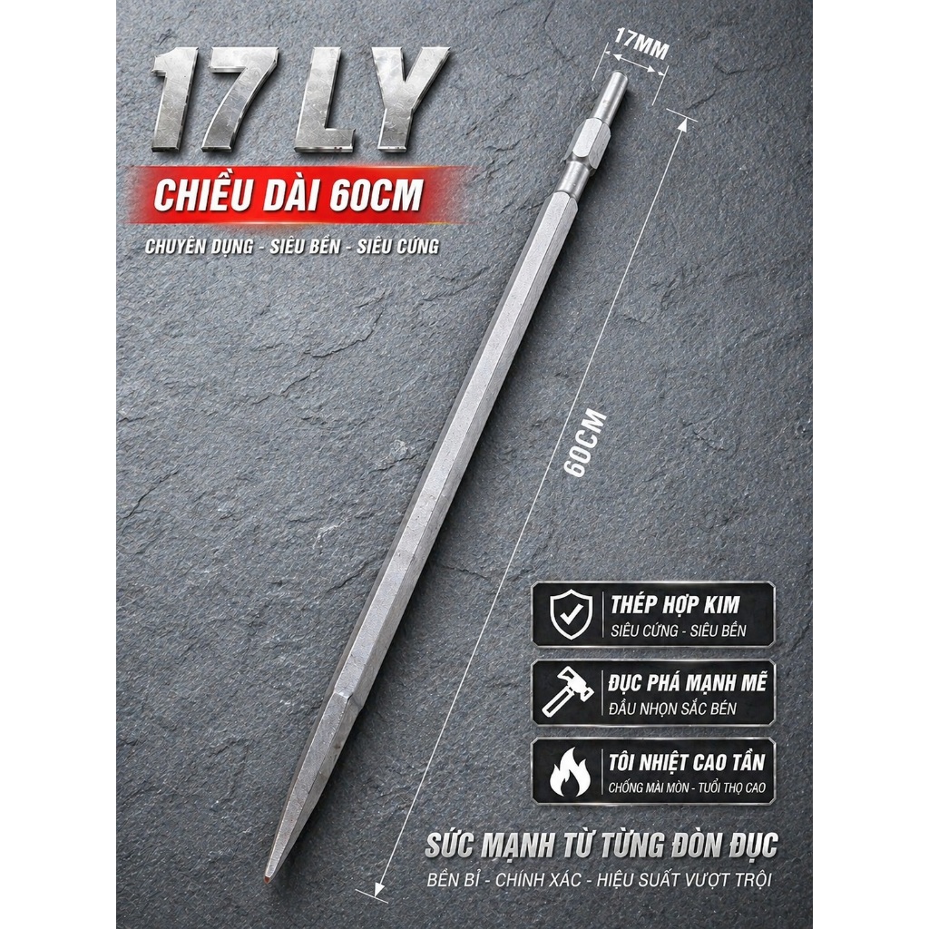 MŨI ĐỤC BÊ TÔNG NHỌN 14 VÀ 17 LY DÀI 60CM CHUYÊN MÁY ĐỤC 1 CHỨC NĂNG, ĐỤC NHANH