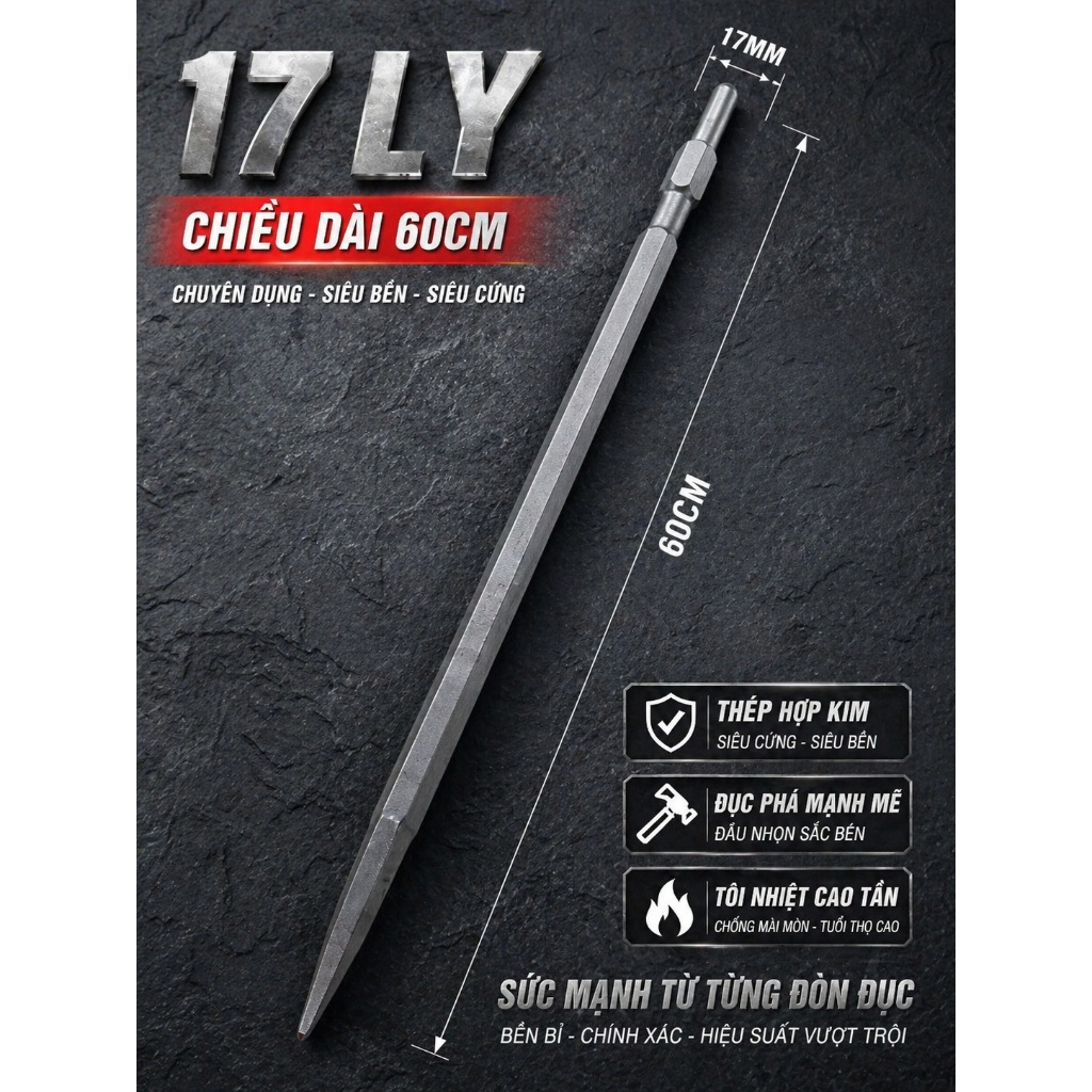 MŨI ĐỤC BÊ TÔNG Φ17 LY & 16 LY DÀI 60CM  DÙNG CHO MÁY 1 CHỨC NĂNG, ĐỤC KHỎE