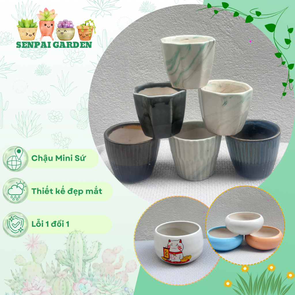 Giao Ngẫu Nhiên Chậu trồng sen đá, xương rồng trang trí decor bàn học, làm việc, chất liệu men sứ (nhiều loại)