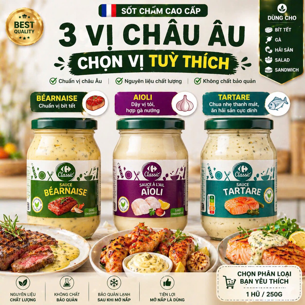 Sốt Mayonnaise Cao Cấp Béarnaise / Aioli / Tartare / Poivre – Sốt Bít Tết, Gà, Hải Sản – 245g | Ăn Liền Chuẩn Vị N.H