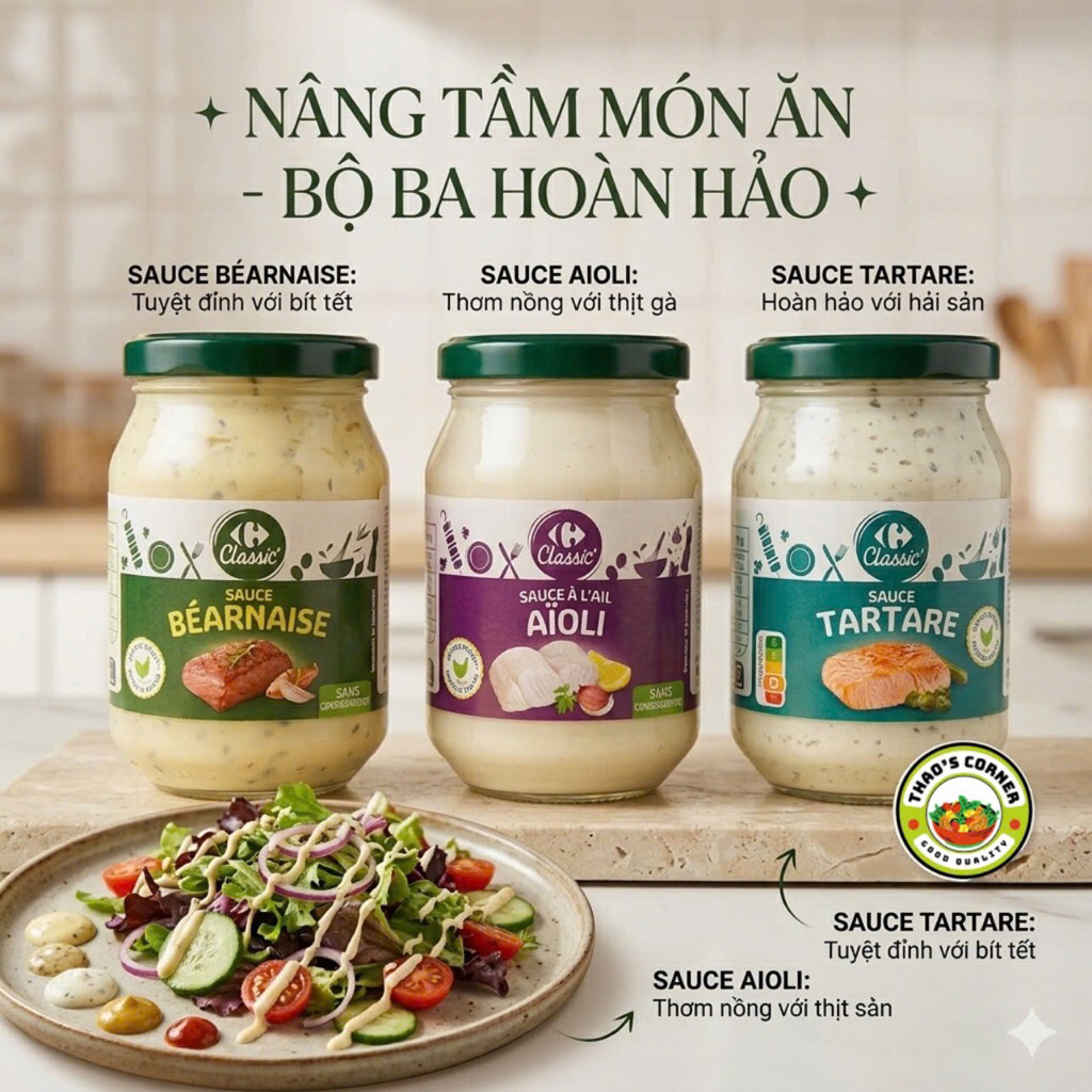 Sốt Mayonnaise Cao Cấp Béarnaise / Aioli / Tartare / Poivre – Sốt Bít Tết, Gà, Hải Sản – 245g | Ăn Liền Chuẩn Vị N.H