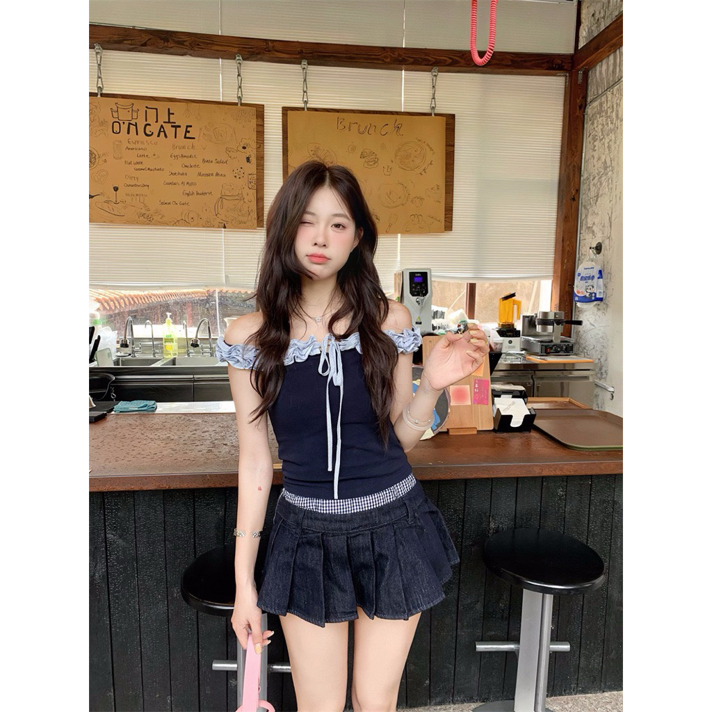 Áo Trễ Vai Phối Bèo Caro Nơ Ngực – Áo Thun Tăm Ôm Body Phong Cách Y2K Tiểu Thư Cá Tính