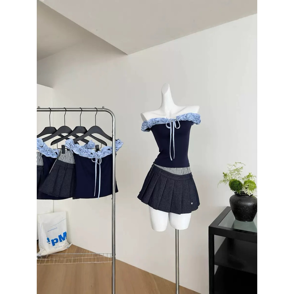 Áo Trễ Vai Phối Bèo Caro Nơ Ngực – Áo Thun Tăm Ôm Body Phong Cách Y2K Tiểu Thư Cá Tính
