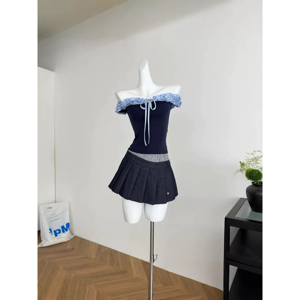 Áo Trễ Vai Phối Bèo Caro Nơ Ngực – Áo Thun Tăm Ôm Body Phong Cách Y2K Tiểu Thư Cá Tính