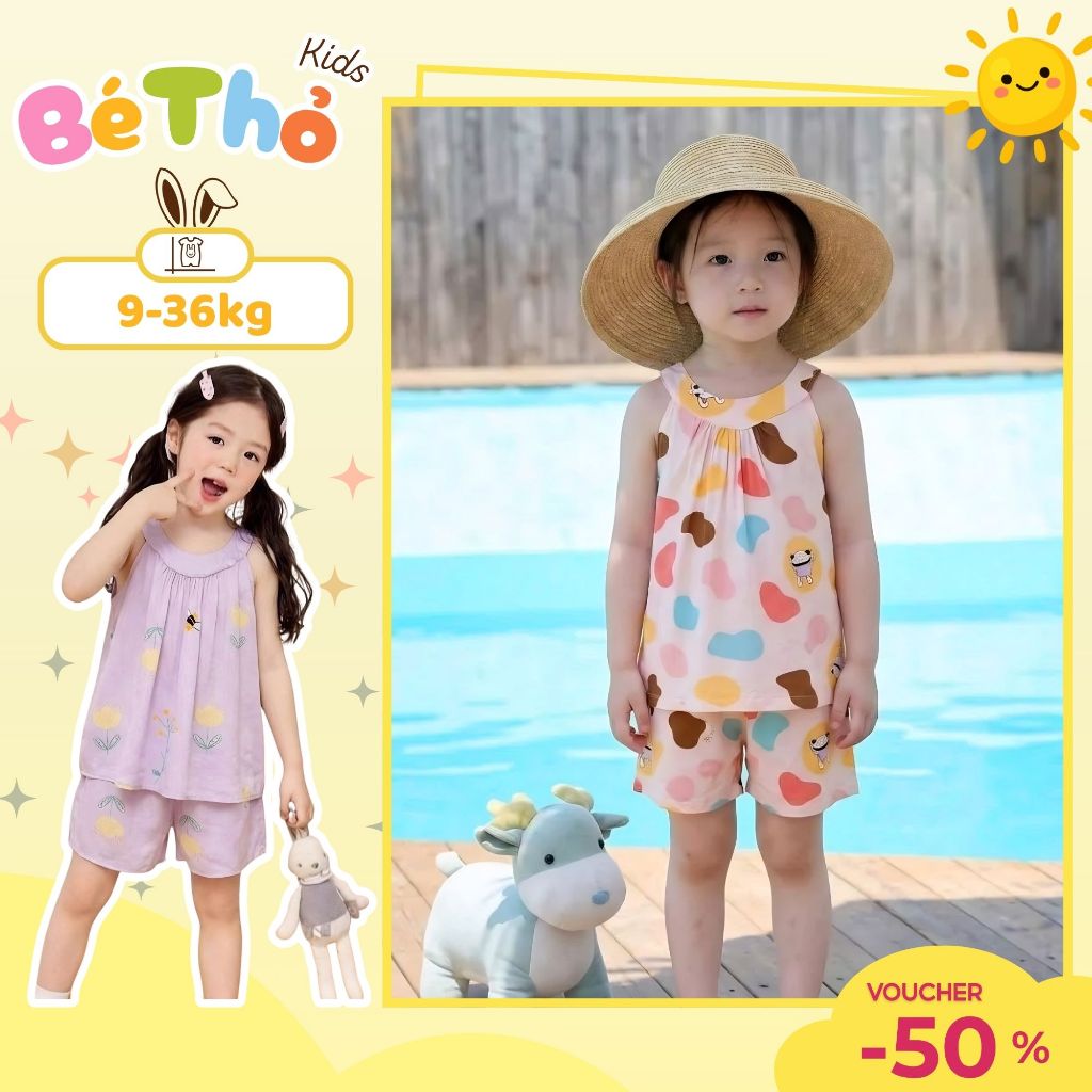 Bộ đồ đi biển mẫu 3 lỗ TĂM GÂN bé gái mùa hè chất tăm mềm mát thấm hút mồ hôi size 9 - 38kg