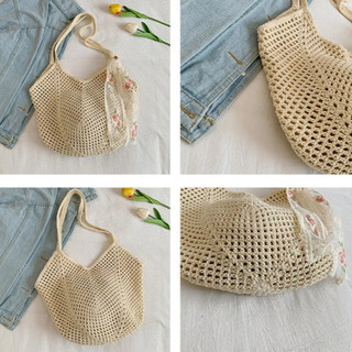 Túi Tote Lưới Đeo Vai Phối Nơ Ren Đi Biển Hot Trend, Du Lịch Mùa Hè Phong Cách Hàn Quốc Nàng Thơ Vintage Siêu Xinh