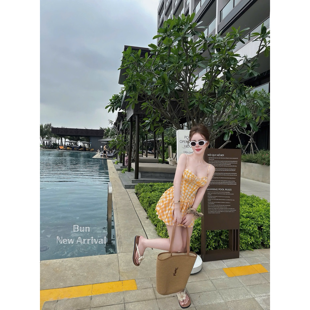 . Váy áo kẻ hai dây thô bèo free size, váy kẻ ô màu free size