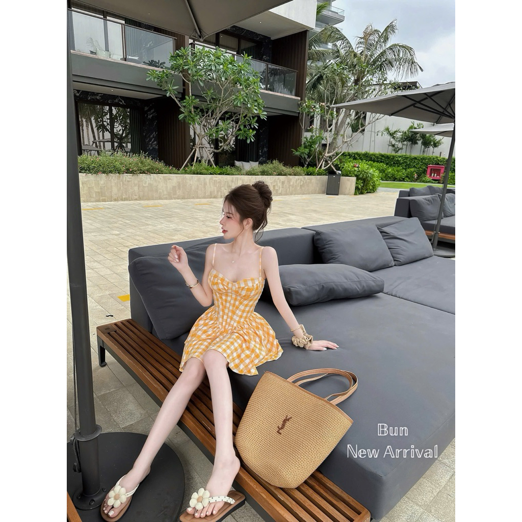 . Váy áo kẻ hai dây thô bèo free size, váy kẻ ô màu free size