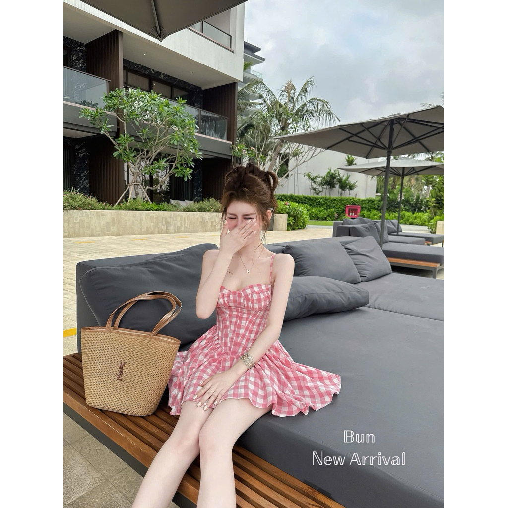 . Váy áo kẻ hai dây thô bèo free size, váy kẻ ô màu free size
